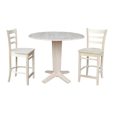 International Concepts 42 in Round Drop Leaf Counter Height Dining Table with 2 Stools in Unfinished - 3 Piece Set K-42DPT-23B-S6172-2